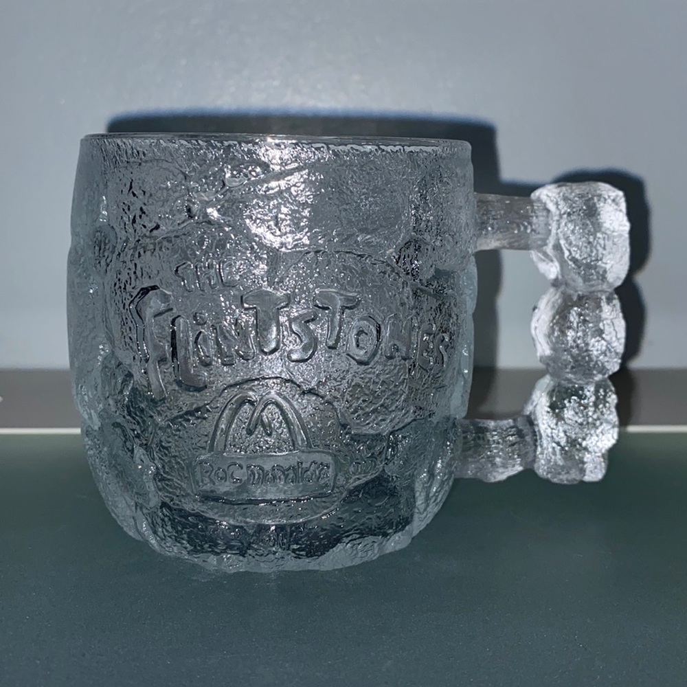 Vintage 1993 McDonalds Flintstones " Rocky Road " Textured Themed Glass Mug/Cup